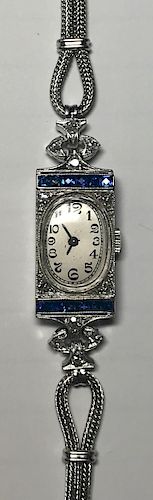 18K Art Deco Diamond Sapphire Dress Watch
