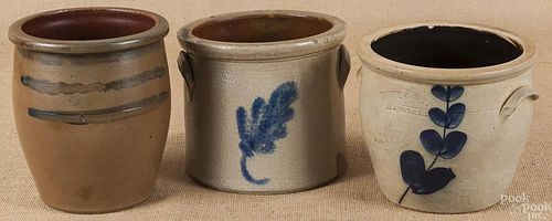 Three stoneware crocks, 19th c., with cobalt deco