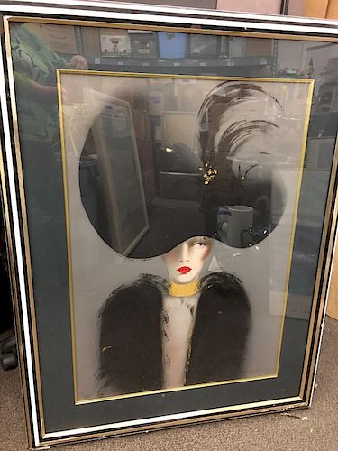 Large Framed Limited Edition Print of Woman in Black Hat Gold Accents Montesinos