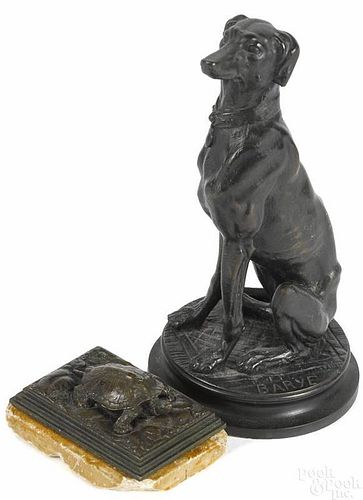 Bronze figure of a seated dog, signed Barye, 6