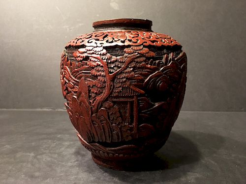 ANTIQUE Chinese Cinnabar Jar Vase, 19th century. 6" high