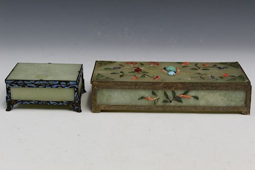 Two Chinese serpentine jade boxes.   