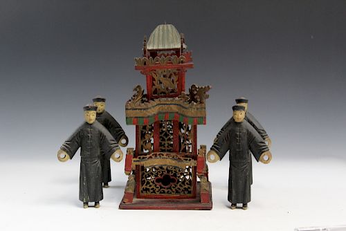 Chinese carved wood sedan chair with four carriers. 