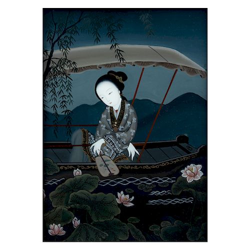 Anónimo. Japón, años 70. Personaje oriental en barcaza con toldo. Técnica de pintura sobre cristal. Enmarcada. 53 x 38 cm