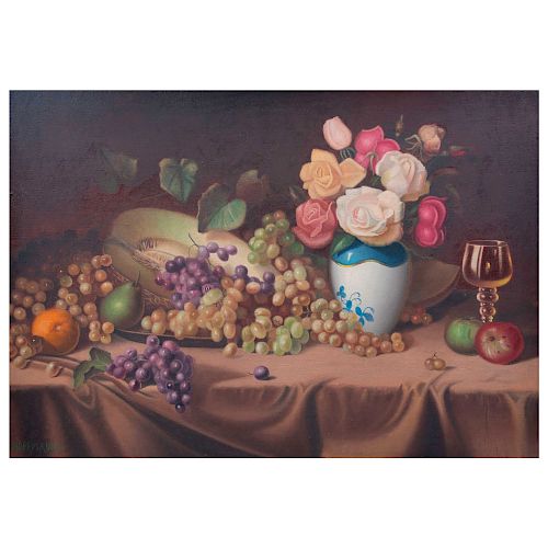 Hoffman. Origen europeo. Bodegón con uvas y florero. Óleo sobre tela. Enmarcado. 60 x 86 cm