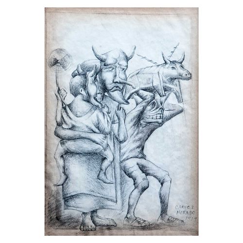 JOSÉ CHÁVEZ MORADO. Hombres con toros. Firmado y fechado 1959. Carboncillo sobre papel. Enmarcado. 46 x 32 cm