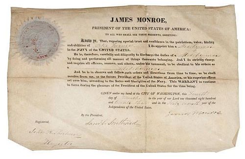 James Monroe Presidential Signed Naval Appointment for Peter Turner, Midshipman 