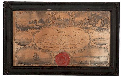 Boston Marine Society Membership Certificate, Inscribed by Naval Capt. Henry Skinner to Son Charles Skinner, 1801 