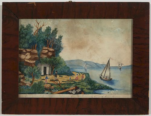 Framed Folk Art Watercolor Hudson River Scene
