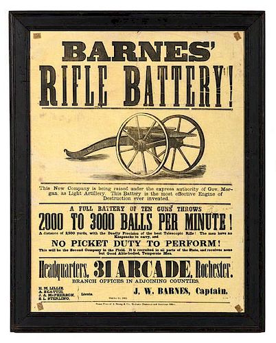 Civil War Illustrated Broadside, Barnes' Rifle Battery, Rochester, New York, 1862 