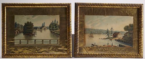 Pair Maine Primitive Watercolors,1839