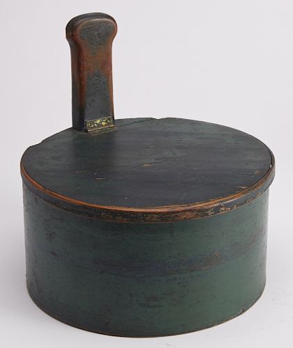 Early Green Painted Lidded Handled Piggin