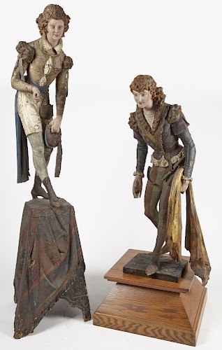 Rare Pair of Carved and Painted Theatrical Figures