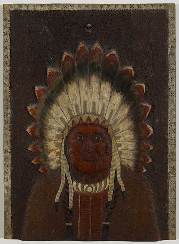 Folk Art Painted Relief Carved Indian Chief