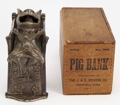 Pig in Chair Bank - original box - J & E Stevens