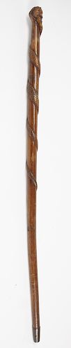 Folk Art Carved Cane with Hand, Head and Snake