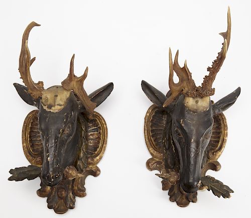 Pair of Carved Painted Deer Heads w Natural Antler