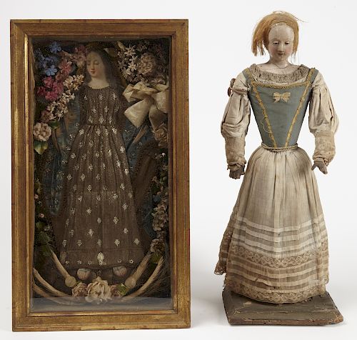 Early Carved European Maiden and Shadow Box