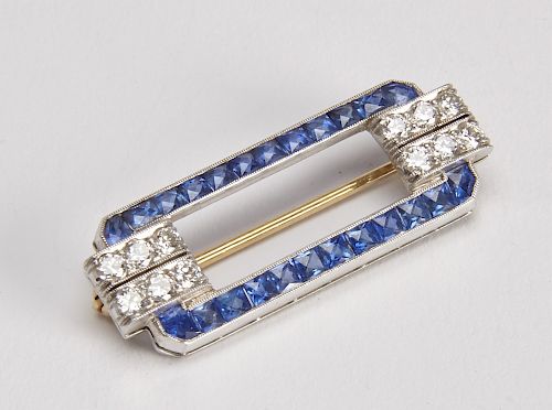 Art Deco Pin with Diamonds & Blue Sapphires