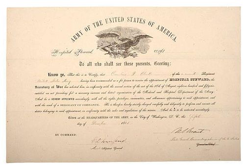 Ulysses S. Grant Military Appointment Signed as Lt. General Commanding Armies of the US, December 1865 