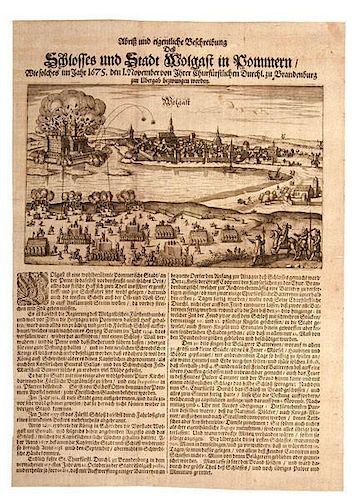 Rare Illustrated News Broadside Featuring Engraving of the Siege of Wolgast, Germany, 1675 
