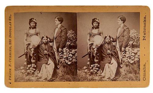 Currier Stereoview of Indian Trader & Interpreter Julius Meyer with Iron Bull, Squaw, and Son