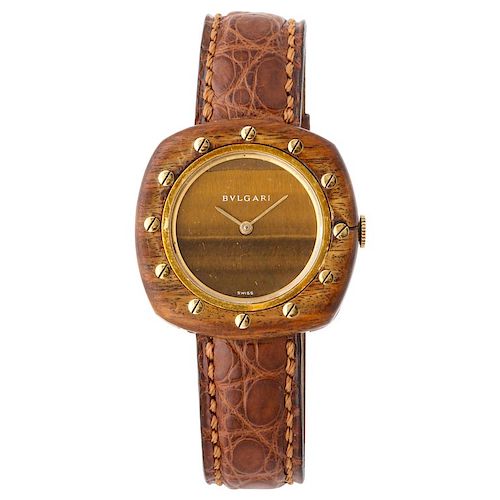 Vintage Bulgari 18 Karat Gold and Wood Wristwatch, circa 1970
