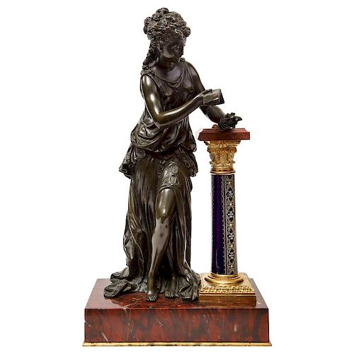 An Exquisite French Bronze, Rouge Marble, and Sevres Style Porcelain Sculpture