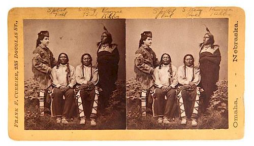 Currier Stereoview of Indian Trader & Interpreter Julius Meyer with Sioux Chiefs, Spotted Tail, Sitting Bull, and Pawnee Killer