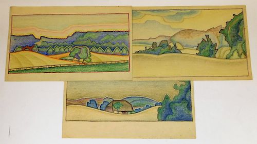 3 Otto Plaug Art Deco Landscape Pastel Drawing