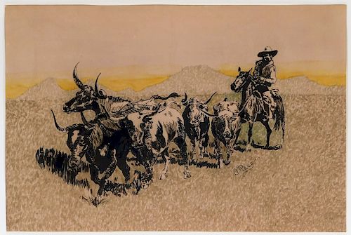 Otto Plaug Jr. Western Cowboy Ink Drawing