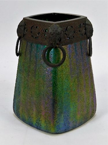 Art Nouveau Owl Bronze Mounted Art Glass Vase