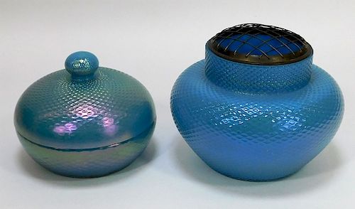 2 Blue Opalescent Bohemian Art Glass Vessels