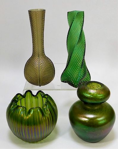 4 Assorted Green Bohemian Art Glass Vases