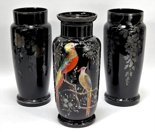 3 Black Enameled Bohemian Art Glass Vases