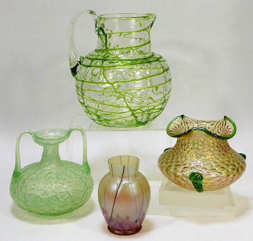 4 Kralik Green and Clear Bohemian Art Glass Vases