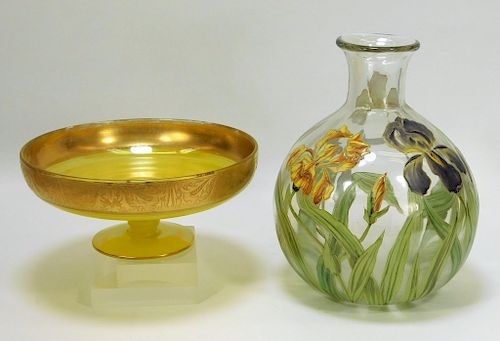 2 Enameled Flowers Bohemian Czech Art Glass Vases