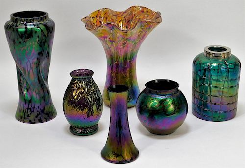 6 Attr. Kralik Oil Spill Bohemian Art Glass Vases