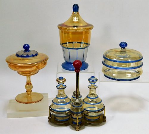8PC Blue and Amber Bohemian Art Glass Tableware
