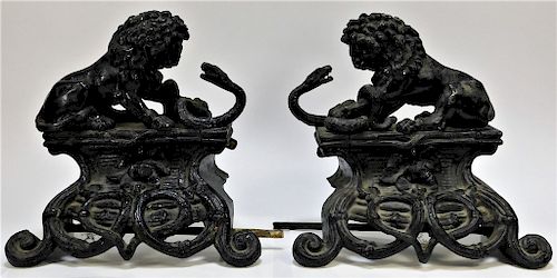 19C French Iron Lion & Serpent Fireplace Chenets