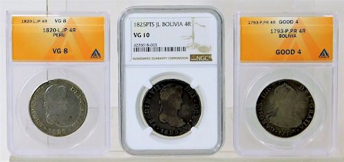 3 Peru Bolivia Silver Reale Coins ANACS NGC