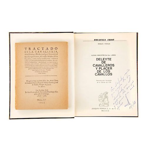 Lote de 2 libros. Consta de: a) Suárez de Peralta, Juan. Tratado de la Caballería, de la Jineta y Brida, 1580. ...