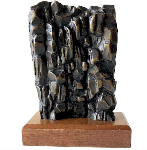 1950s Abstract Modern Bronze Signed Sculpture on Wood Base