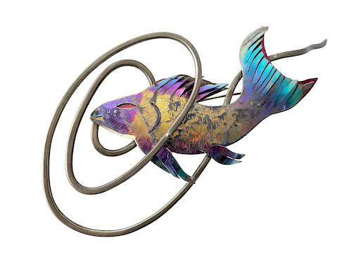 Enid Kaplan Sterling Silver Anodized Niobium Mylar Diving Fish Brooch