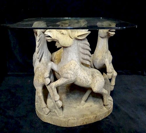 CARVED HORSE FIGURAL LOW GLASS TOP TABLE 