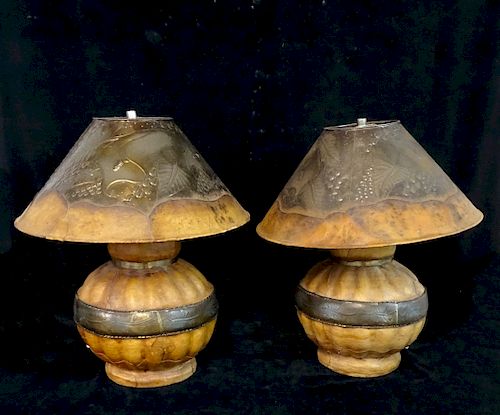 PR. CERAMIC & LEATHER LAMPS WITH REPOUSSE COPPER SHADES 18"H 21.5" DIA.