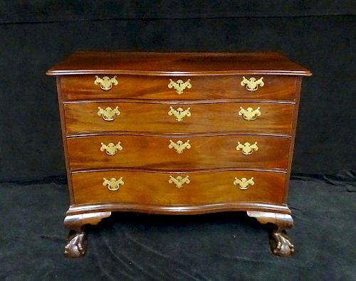 18TH C. CHIPPENDALE MAHOGANY BOSTON 4 DRAWER CHEST WITH CLAW FEET 35"H 39"L 16"D