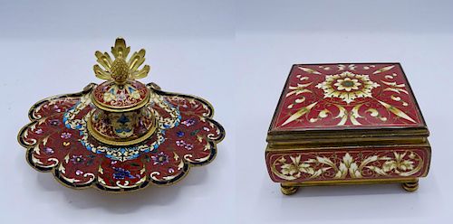 FRENCH ENAMELED BOX & BRONZE & CHAMPLEVE INKWELL