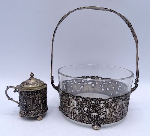 SILVER BASKET WITH GLASS LINER & SILVER CUP HOLDER 