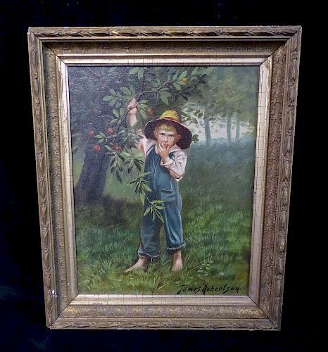 19TH C. JAMES ROBERTSON SGN. OIL ON CANVAS YOUNG BOY PICKING APPLES 
